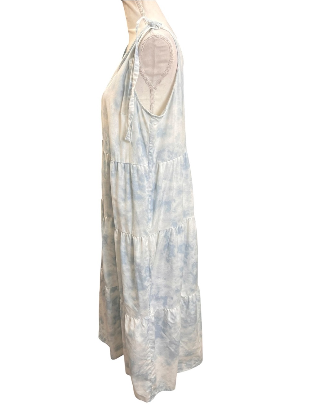 Beach Lunch Lounge Blue Tie Dye Linen Blend Tiered Midi Dress XL Adjustable - Picture 7 of 11
